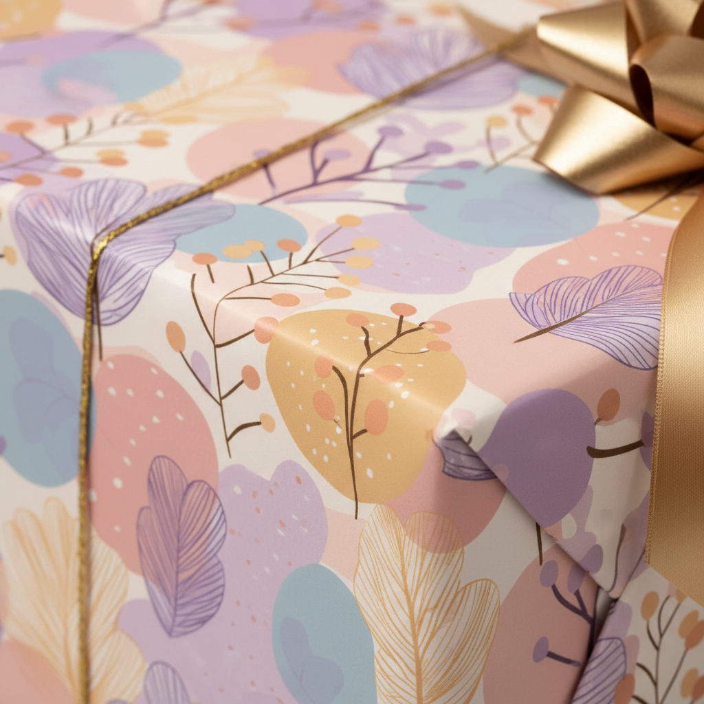 Gift wrapped in pastel floral wrapping paper with a gold ribbon and bow.