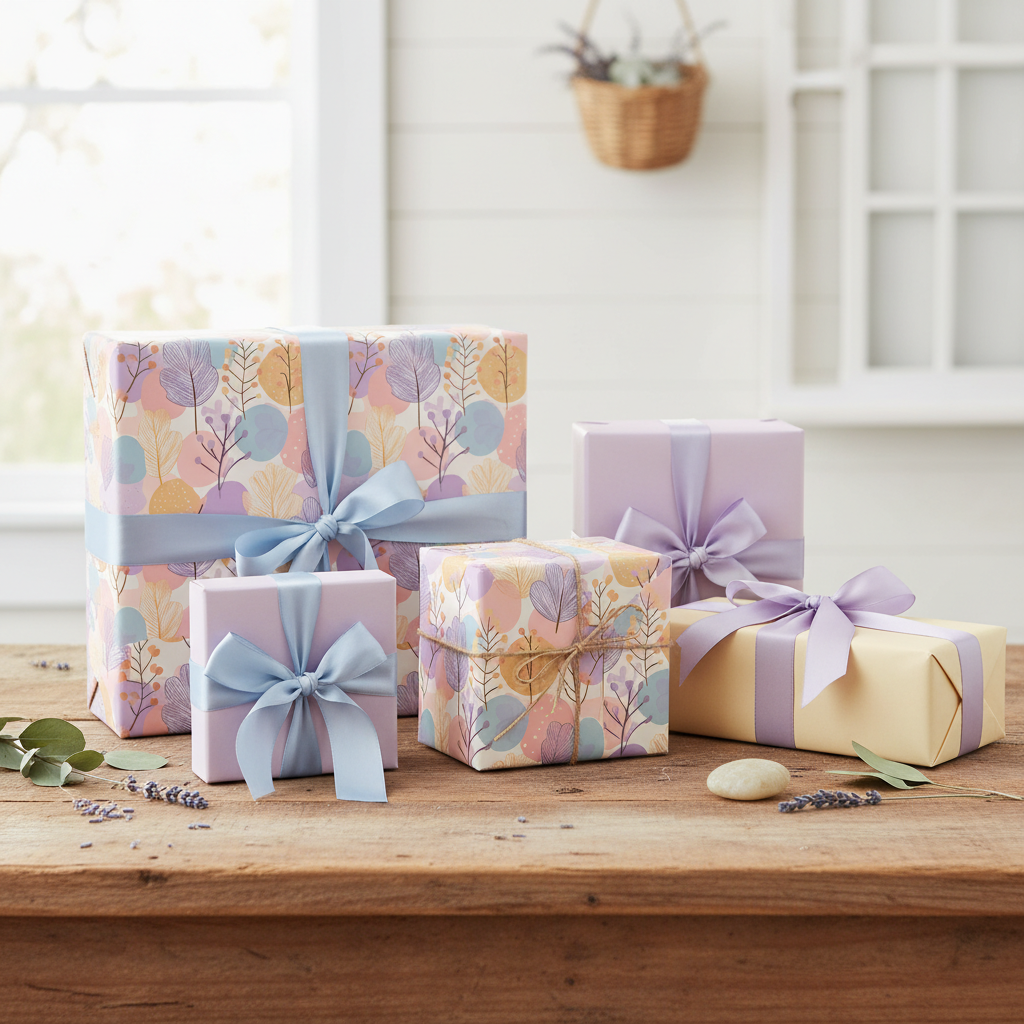 Pastel gift boxes with floral wrapping paper and blue ribbon bows, perfect for birthday gifts or spring celebrations.