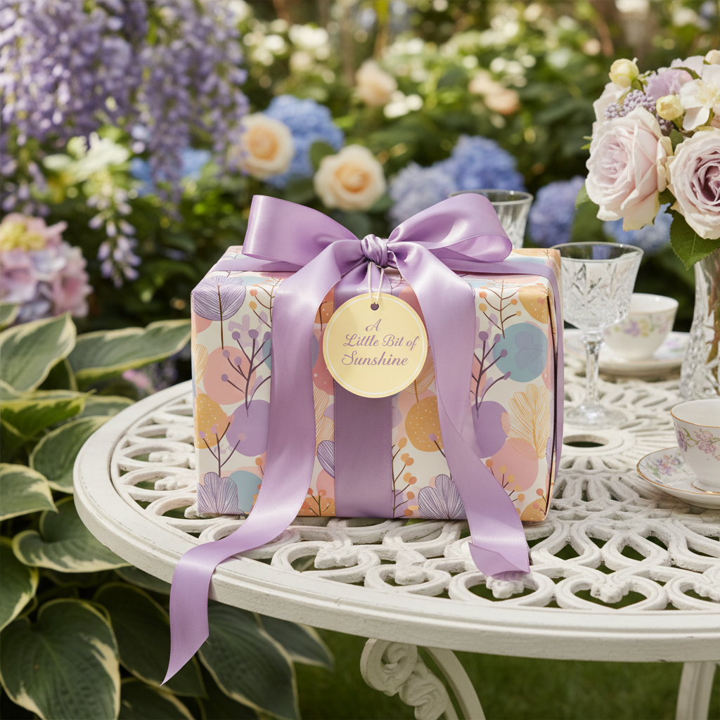 Elegant floral wrapping paper with a lavender ribbon on a gift box in a garden setting.