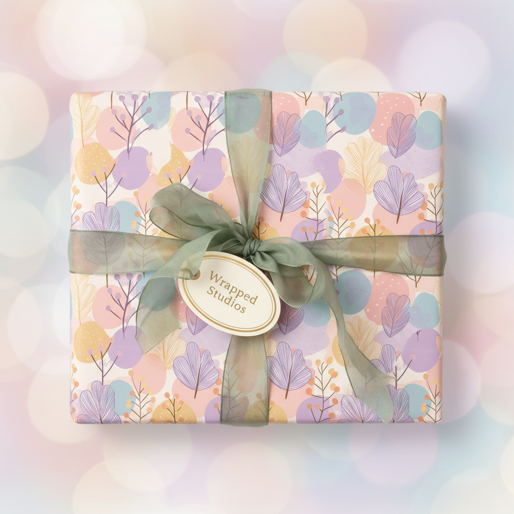 Pastel floral wrapping paper on a rectangular gift box, tied with sheer green ribbon and a logo tag.