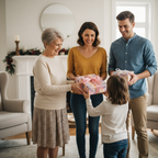 Family exchanging Christmas gifts wrapped in floral wrapping paper with pink ribbon in a cozy home.