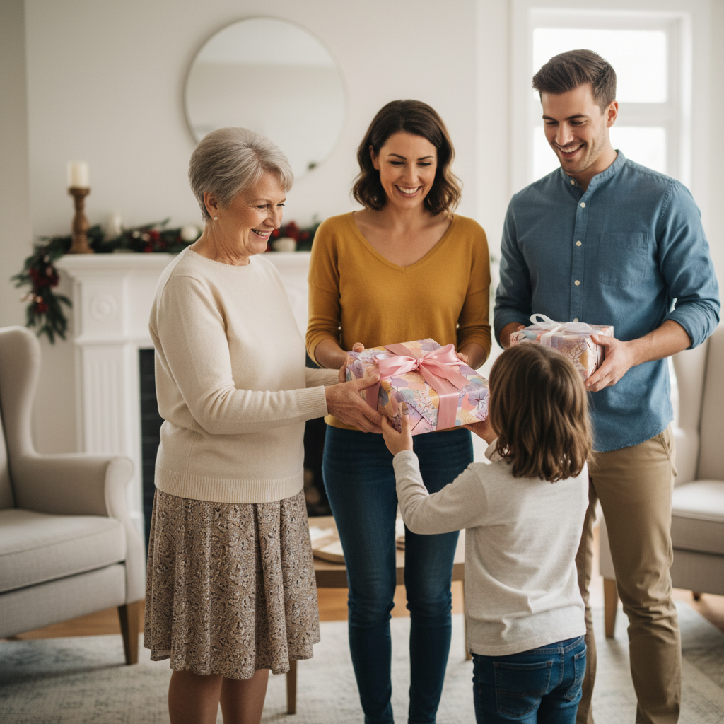 Family exchanging Christmas gifts wrapped in floral wrapping paper with pink ribbon in a cozy home.