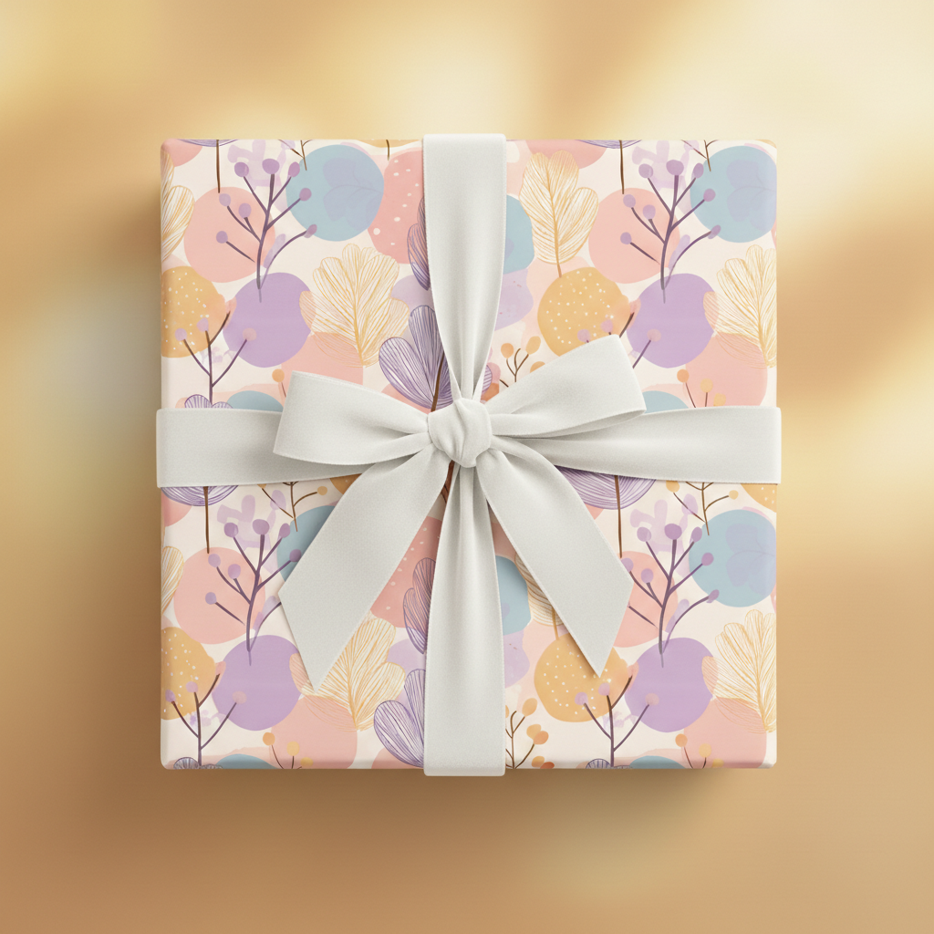 Gift box wrapped in pastel floral wrapping paper with an elegant white bow.