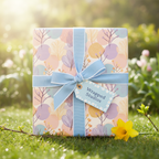 Pastel floral gift wrapping paper with a blue ribbon and bow on a present, set outdoors in a spring garden.