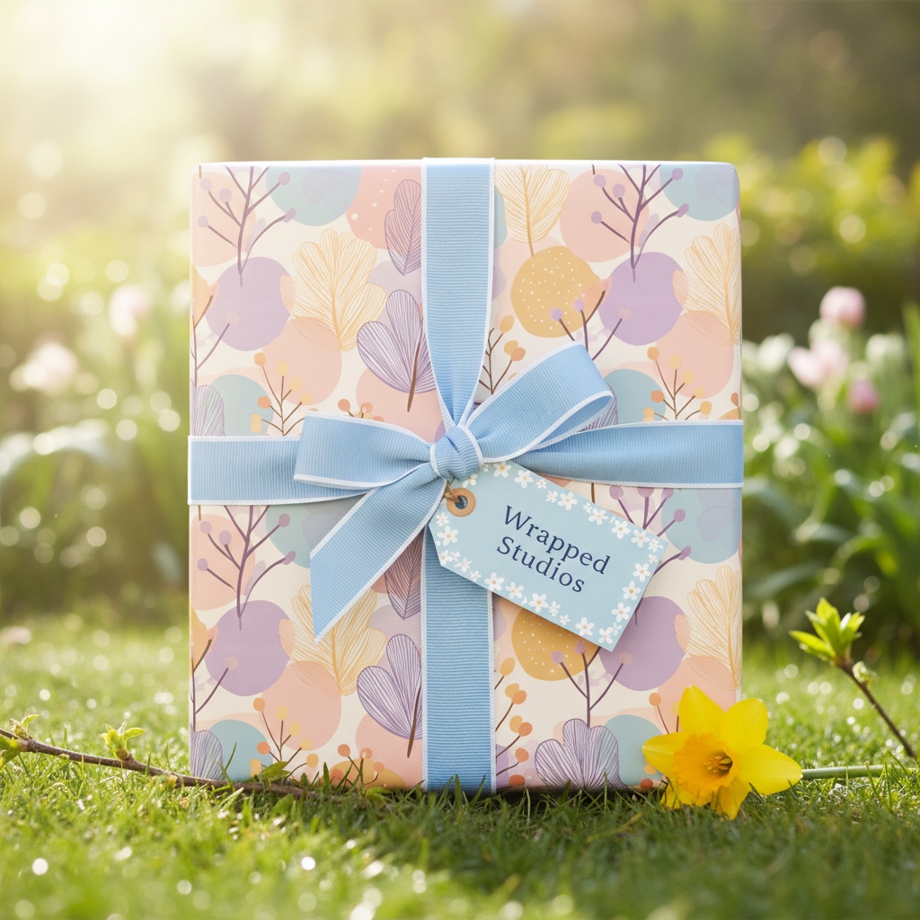 Pastel floral gift wrapping paper with a blue ribbon and bow on a present, set outdoors in a spring garden.