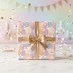 Elegant gift wrapped in pastel floral wrapping paper with a gold ribbon for a birthday or special celebration.
