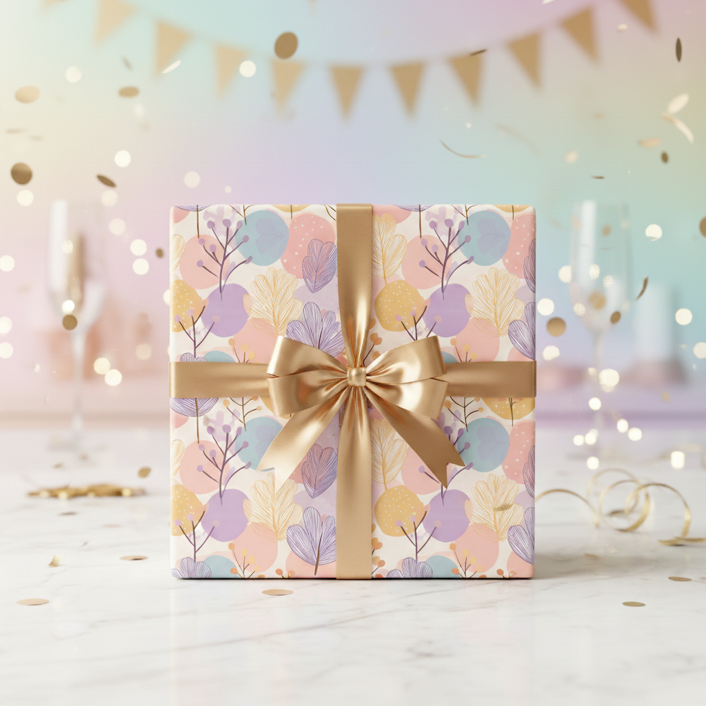 Elegant gift wrapped in pastel floral wrapping paper with a gold ribbon for a birthday or special celebration.