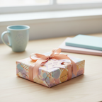 Gift box wrapped in pastel floral wrapping paper with peach ribbon and a "Just For You" star tag.