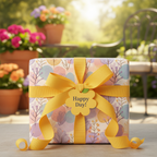 Square gift wrapped in pastel floral wrapping paper with yellow ribbon and "Happy Day!" tag, outdoors.