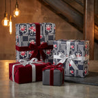 Luxury floral wrapping paper with tech circuit patterns and velvet ribbons on gifts by Wrapped Studios.
