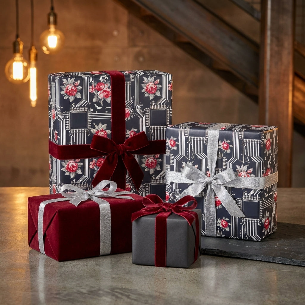 Luxury floral wrapping paper with tech circuit patterns and velvet ribbons on gifts by Wrapped Studios.