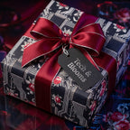 Luxury floral wrapping paper with a circuit board pattern and burgundy ribbon by Wrapped Studios.