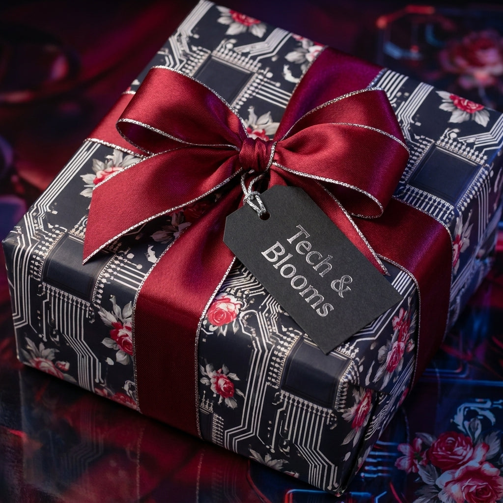 Luxury floral wrapping paper with a circuit board pattern and burgundy ribbon by Wrapped Studios.