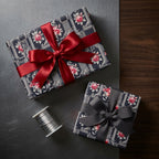 Luxury floral circuit board wrapping paper on gift boxes with ribbon bows by Wrapped Studios.