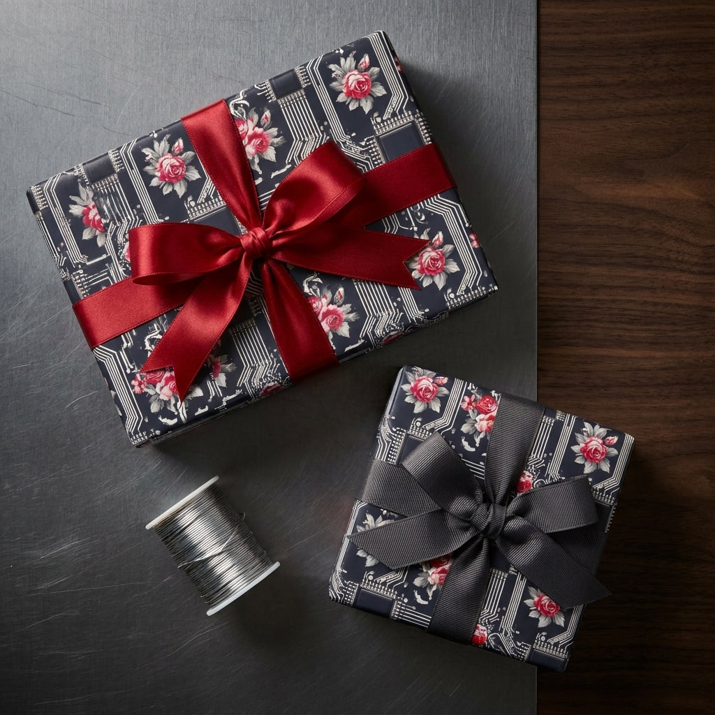 Luxury floral circuit board wrapping paper on gift boxes with ribbon bows by Wrapped Studios.