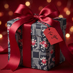 Luxury floral circuit board wrapping paper with a large red satin ribbon by Wrapped Studios.