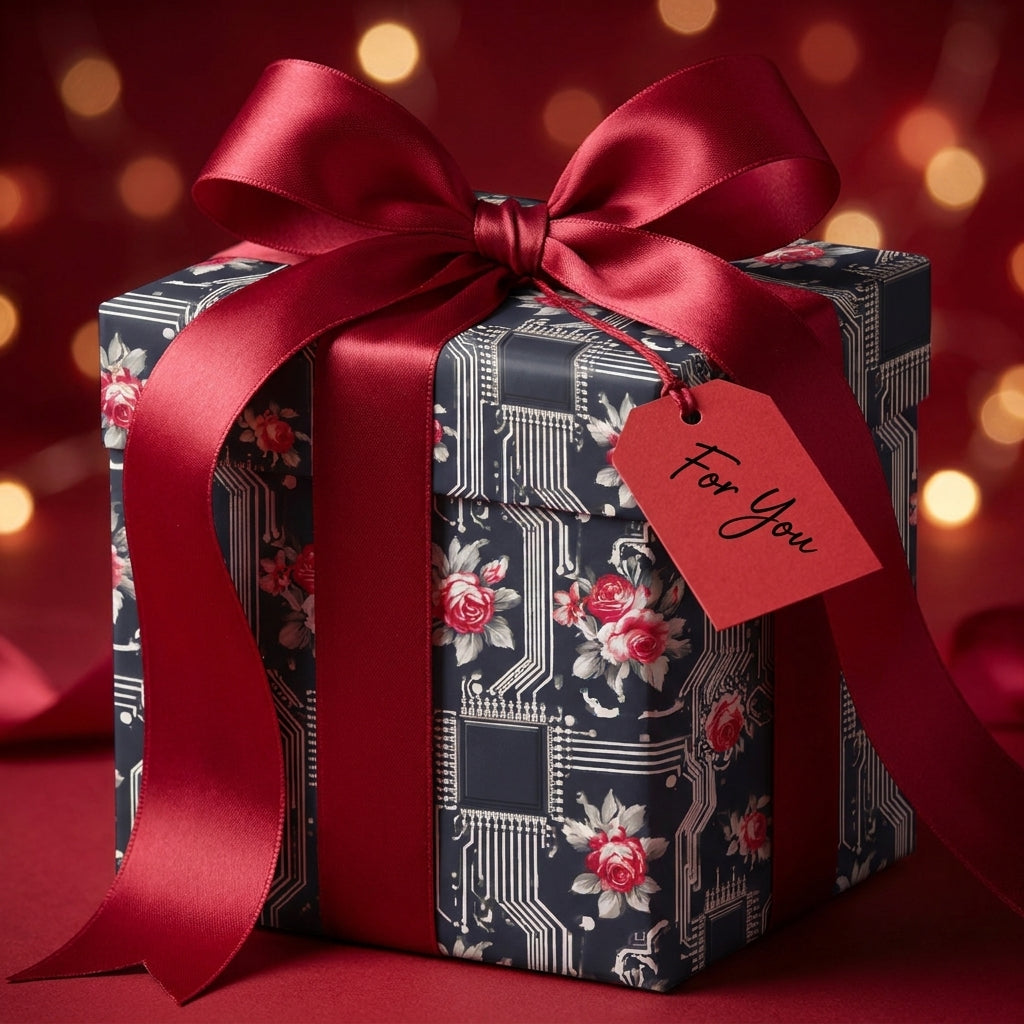 Luxury floral circuit board wrapping paper with a large red satin ribbon by Wrapped Studios.