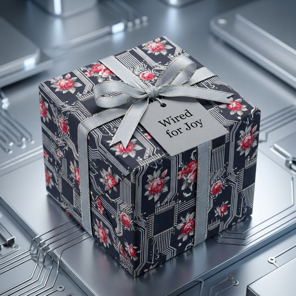 Tech floral wrapping paper with circuit boards and red roses on a gift box, by Wrapped Studios.