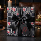 Geeky birthday wrapping paper with red roses and circuit boards, black bow by Wrapped Studios.