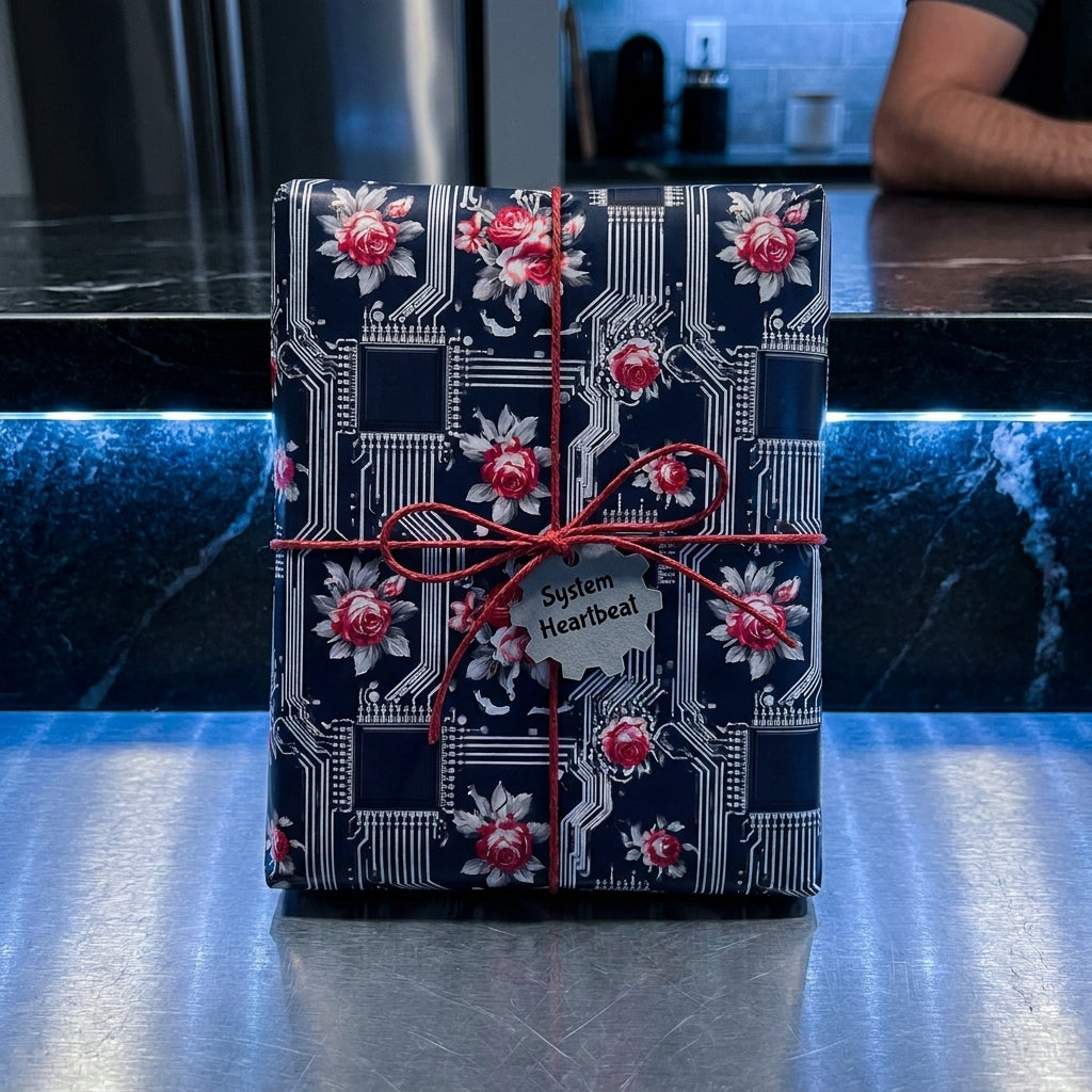 Floral circuit board wrapping paper with red roses on a gift box with a red twine bow by Wrapped Studios.