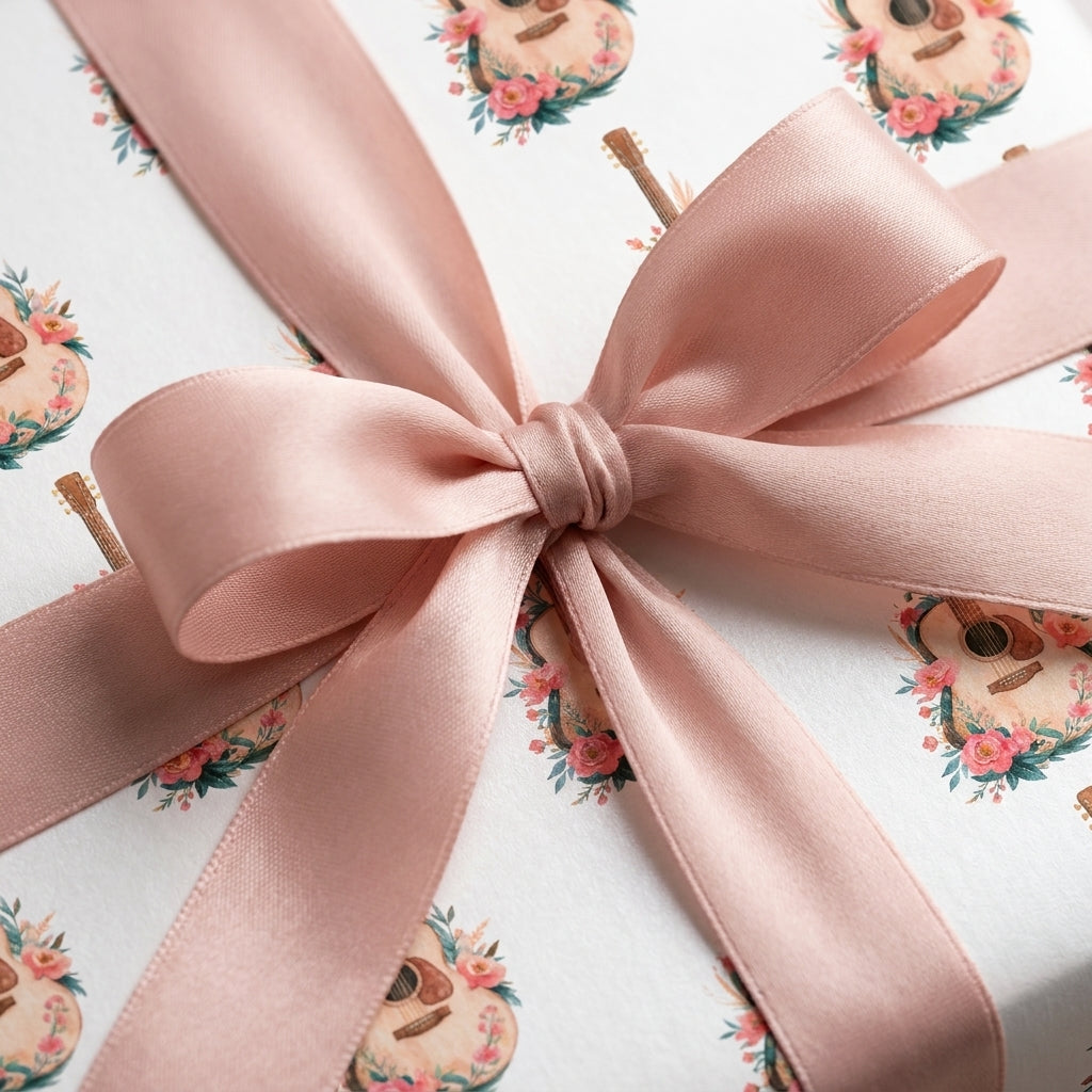 Acoustic guitar floral wrapping paper with a blush pink satin ribbon bow by Wrapped Studios.