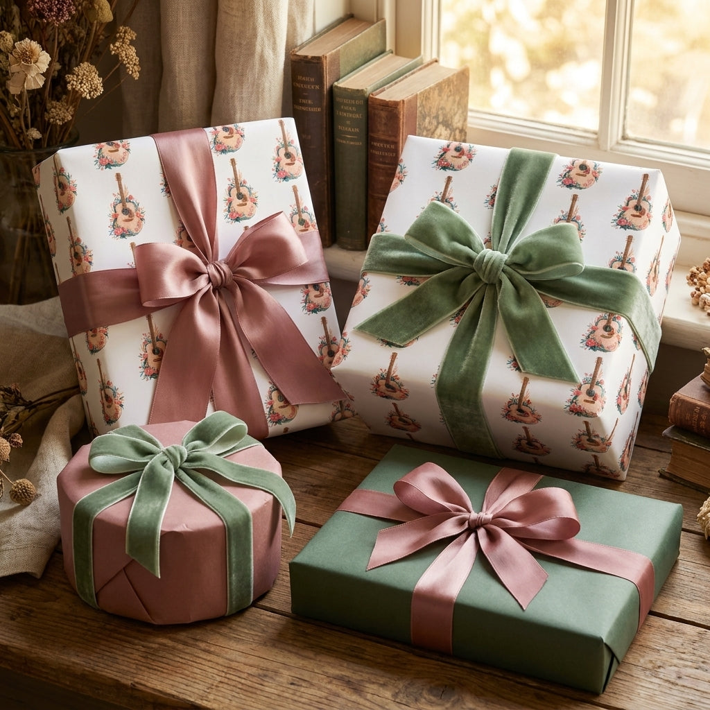 Vintage acoustic guitar wrapping paper with elegant pink and green bows by Wrapped Studios.