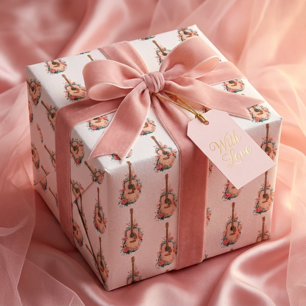 Floral acoustic guitar wrapping paper with a pink velvet ribbon by Wrapped Studios.