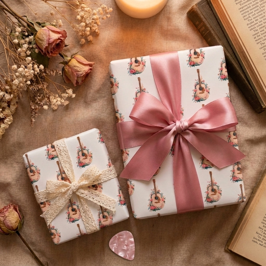 Floral acoustic guitar wrapping paper with pink satin ribbon and lace bows by Wrapped Studios.