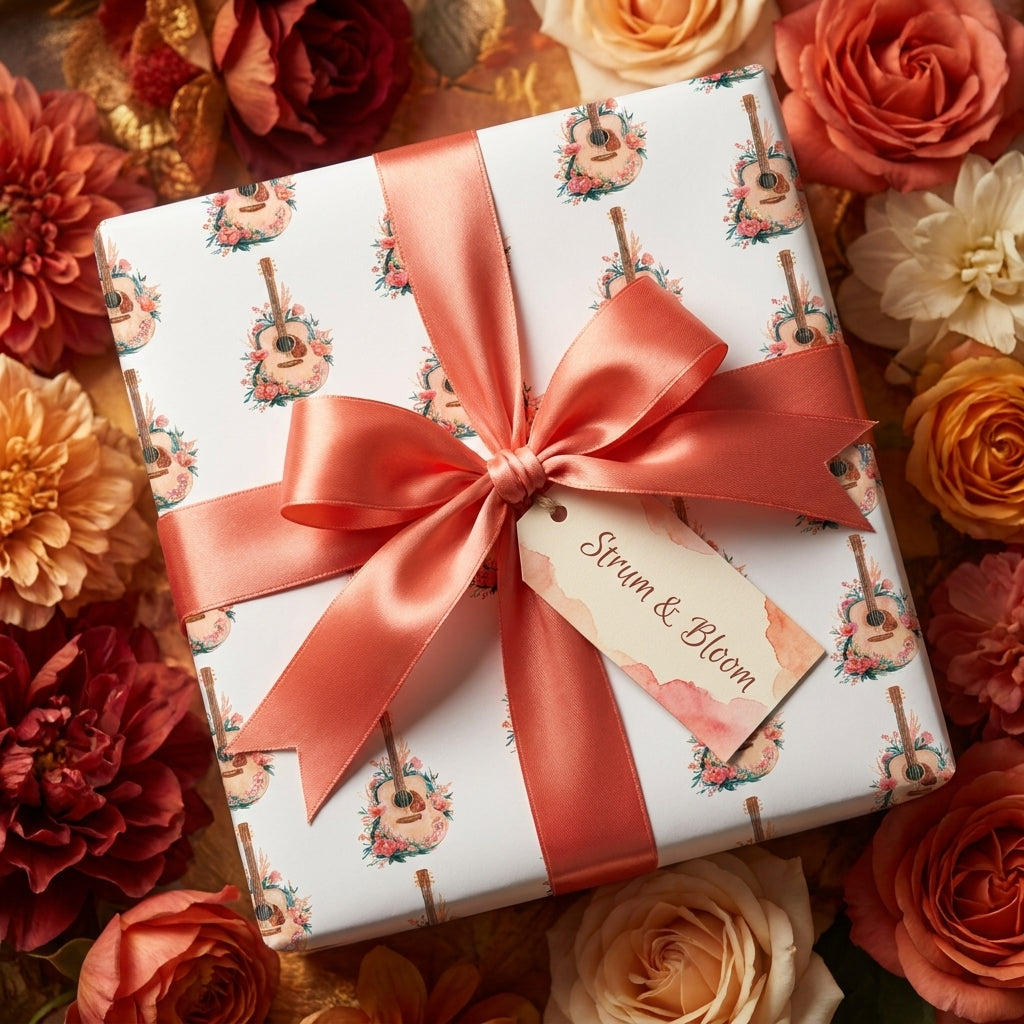 Boho guitar floral wrapping paper by Wrapped Studios with a coral ribbon bow, surrounded by autumn flowers.