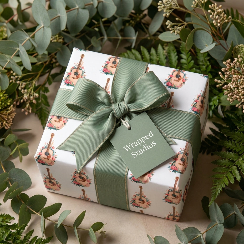 Floral acoustic guitar wrapping paper with sage green ribbon by Wrapped Studios.