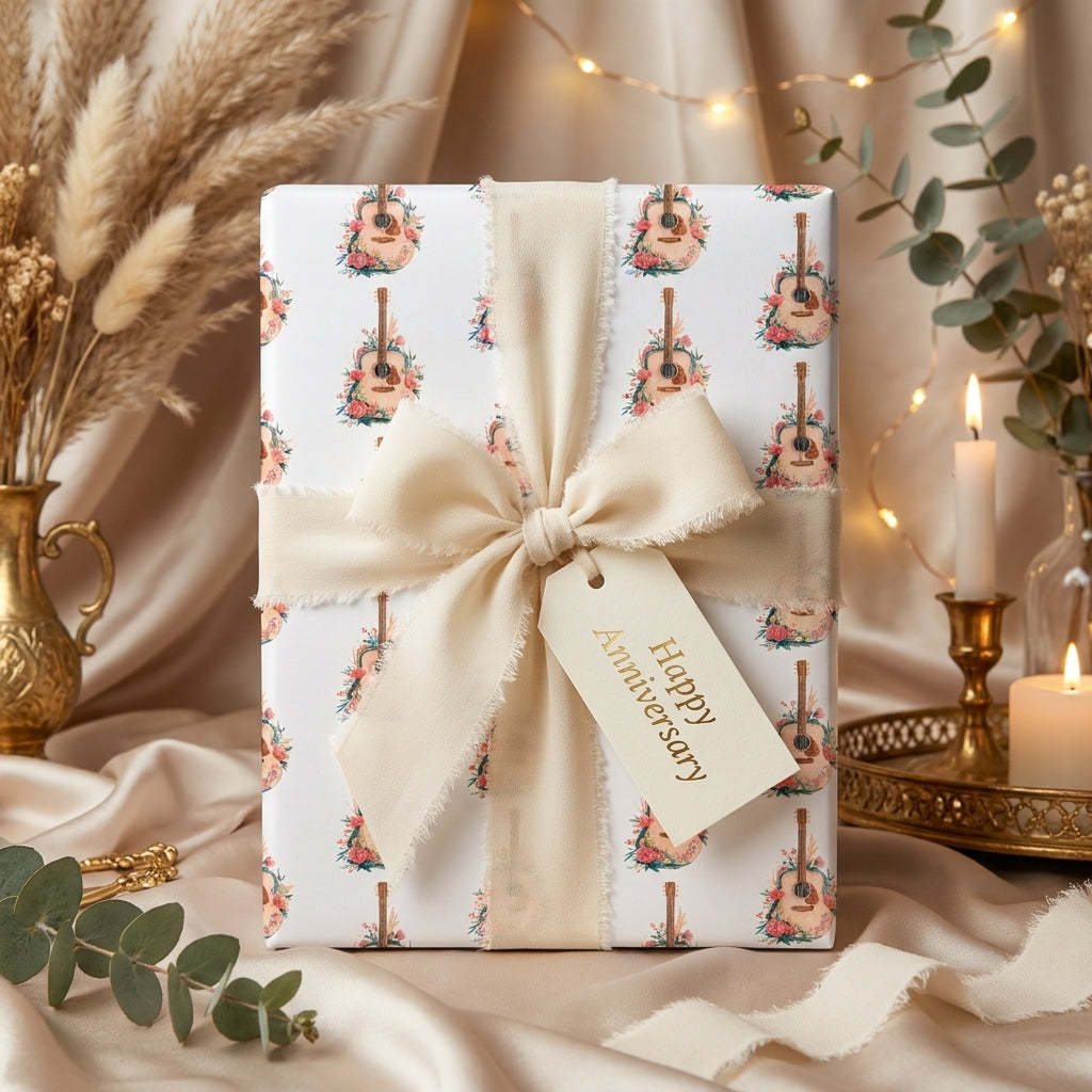 Boho guitar wrapping paper by Wrapped Studios on an anniversary gift with cream ribbon bow.