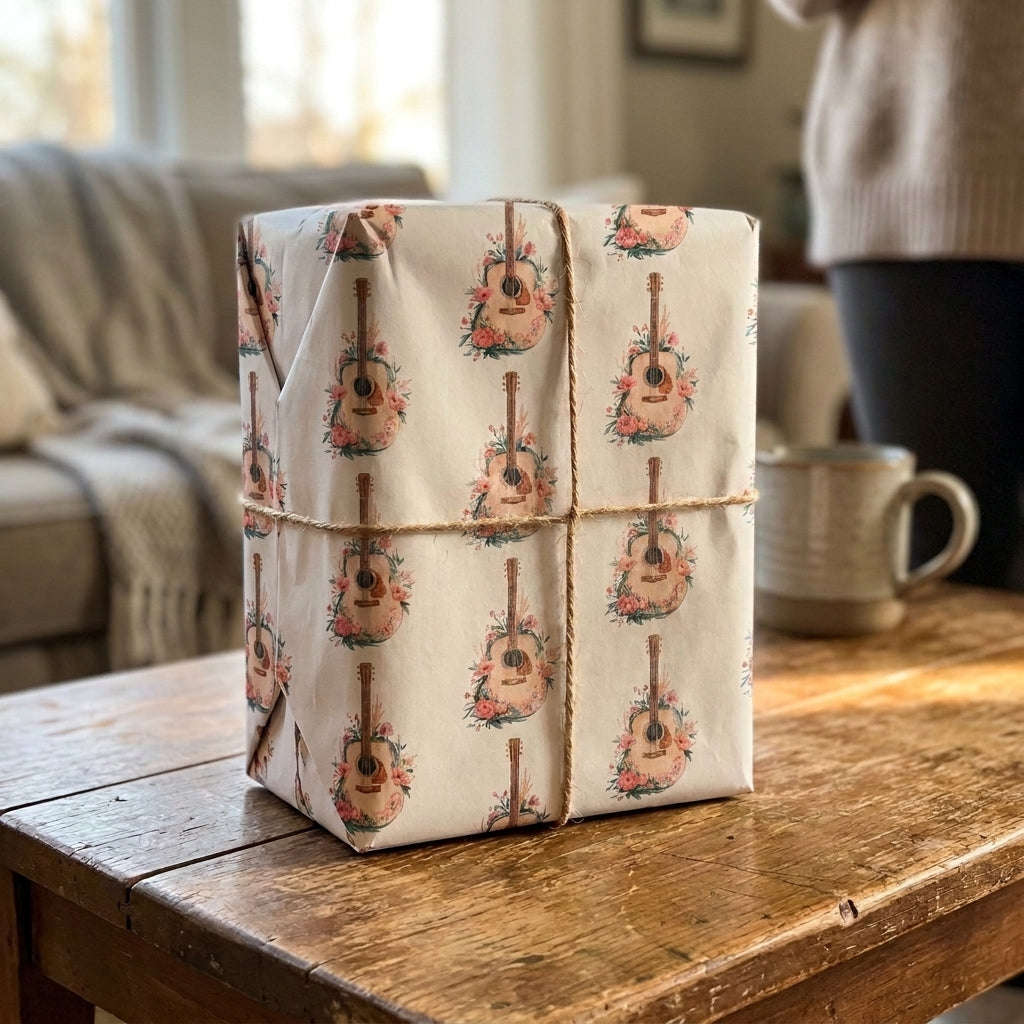Boho guitar wrapping paper with floral details by Wrapped Studios, tied with twine on a rustic coffee table.