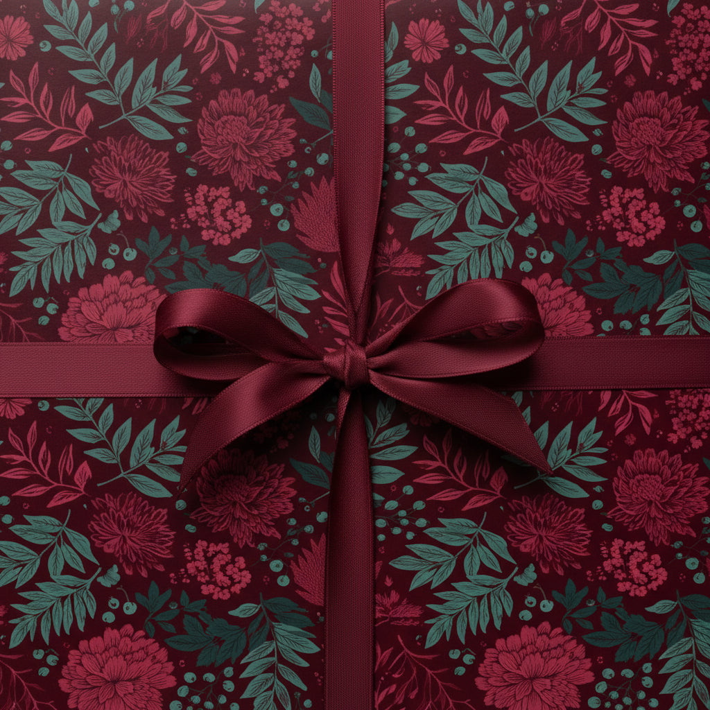 Burgundy floral wrapping paper with satin ribbon for elegant gift presentation.