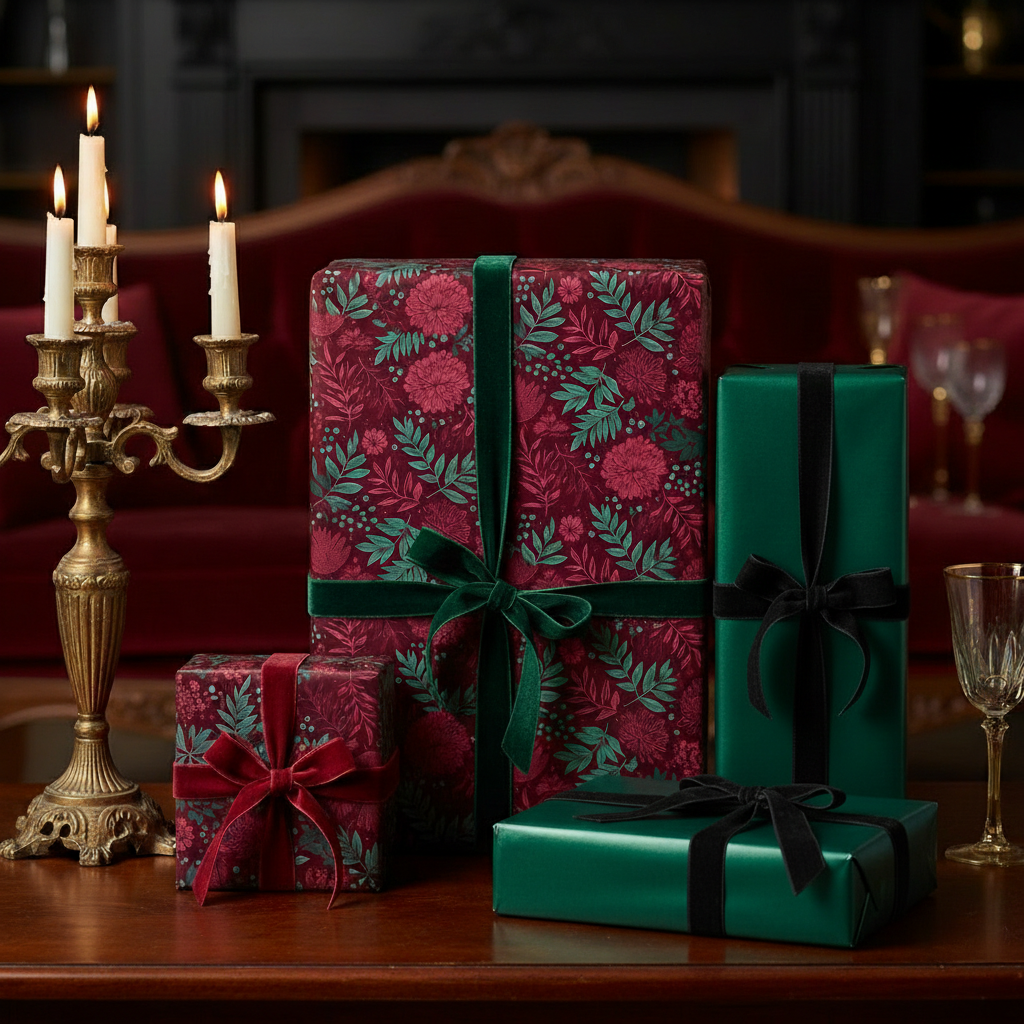 Elegant Christmas presents wrapped in floral and solid green gift wrap with velvet ribbons on a table with candles.