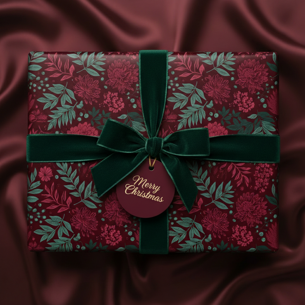 Burgundy floral Christmas gift wrap with velvet ribbon and "Merry Christmas" tag on a silk background.