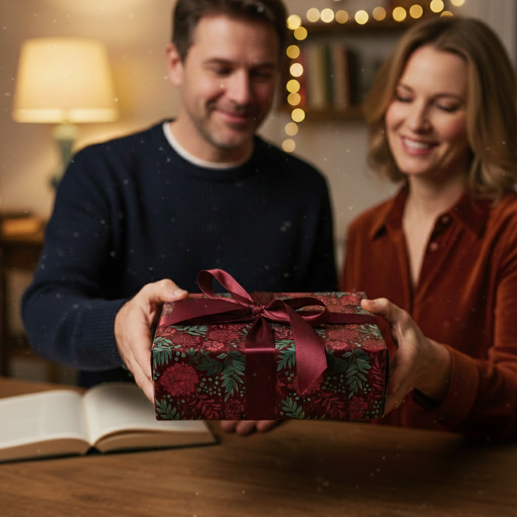 Couple exchanging a gift wrapped in elegant floral wrapping paper with a burgundy ribbon bow.