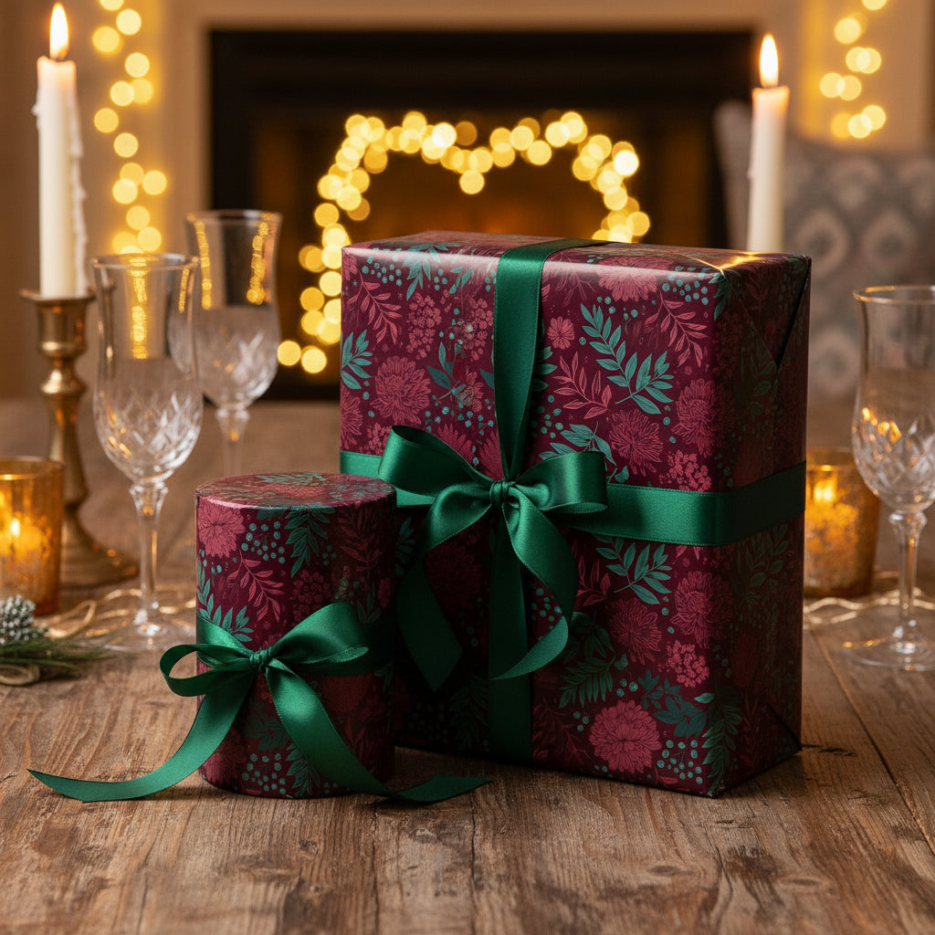 Elegant floral wrapping paper in maroon with green ribbon on gifts near a fireplace.