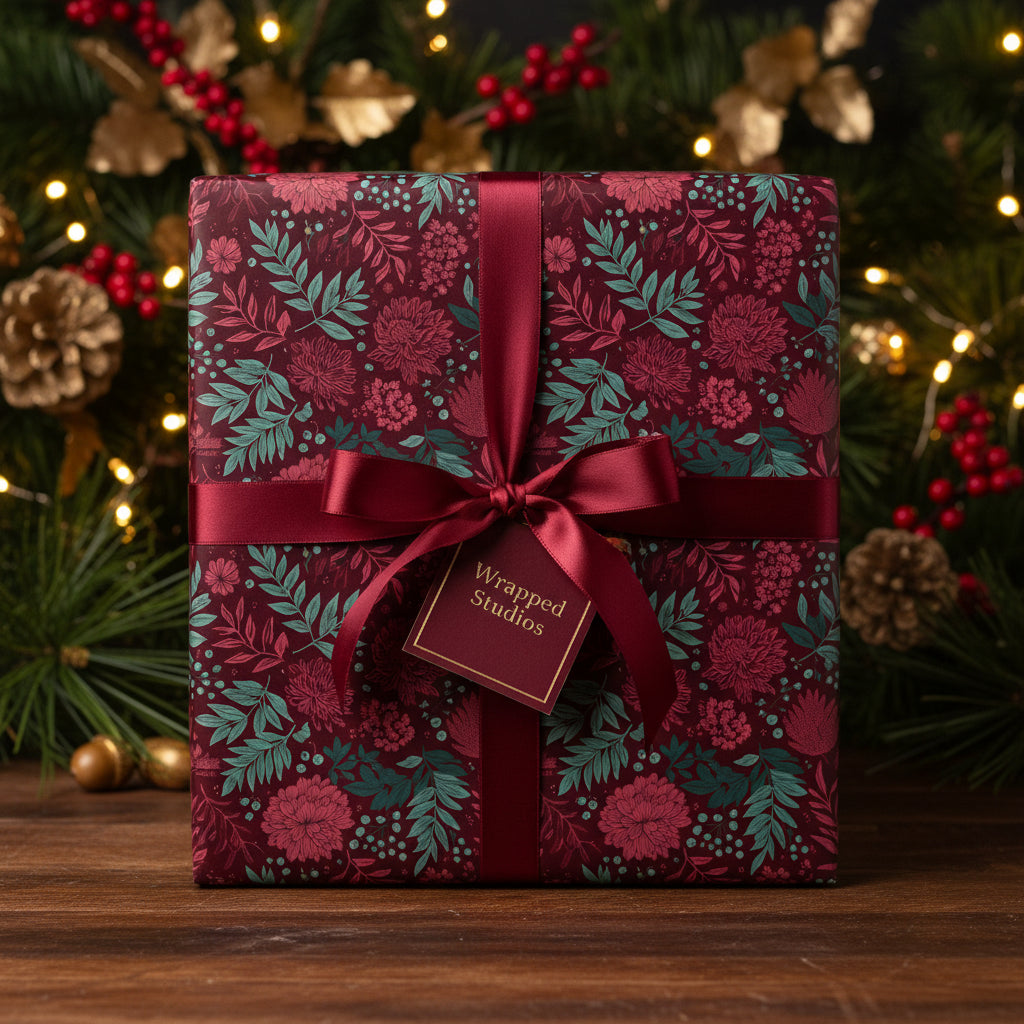 Burgundy floral Christmas gift wrap with satin ribbon and pine tree background.