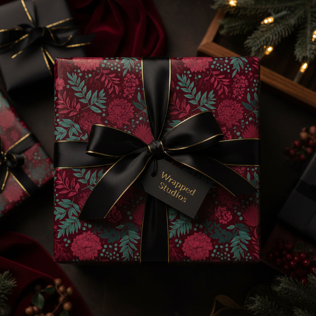 Elegant floral wrapping paper in maroon and teal, tied with a black ribbon for luxurious gift presentation.