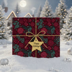Burgundy Christmas gift wrapped in floral paper with a gold ribbon and "Happy Holidays!" tag.