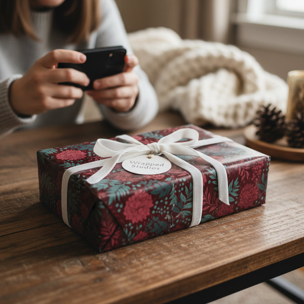 Elegant floral gift wrap in burgundy, tied with a white ribbon on a wooden table.