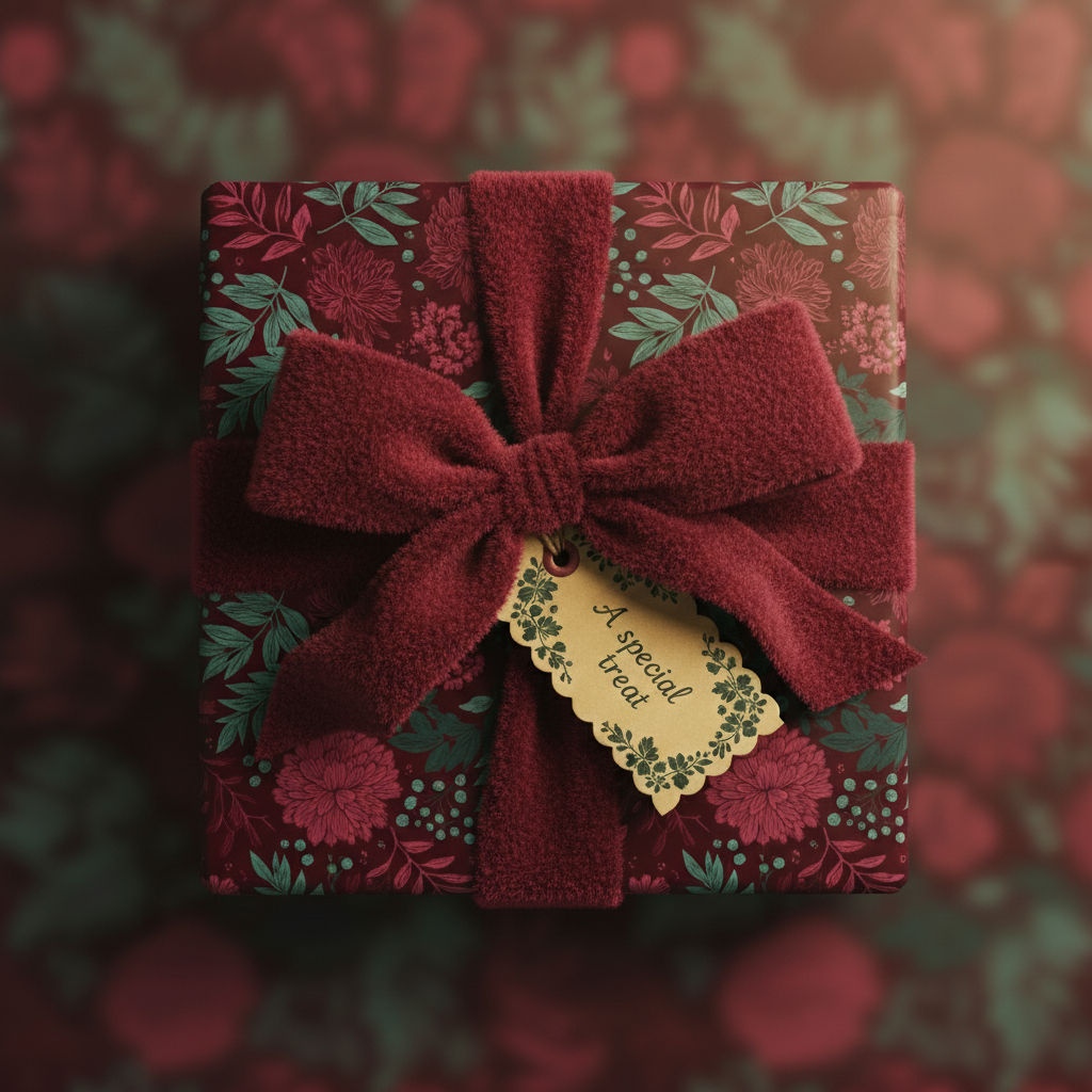 Burgundy floral wrapping paper with a soft velvet bow and "A special treat" tag.