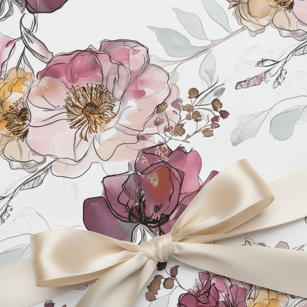 Elegant floral wrapping paper with a cream-colored ribbon tied in a bow.