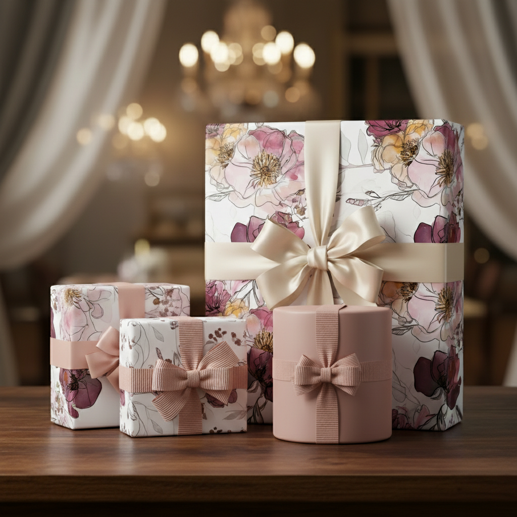 Elegant gifts wrapped in floral wrapping paper with champagne satin ribbons, perfect for birthday or wedding presents.
