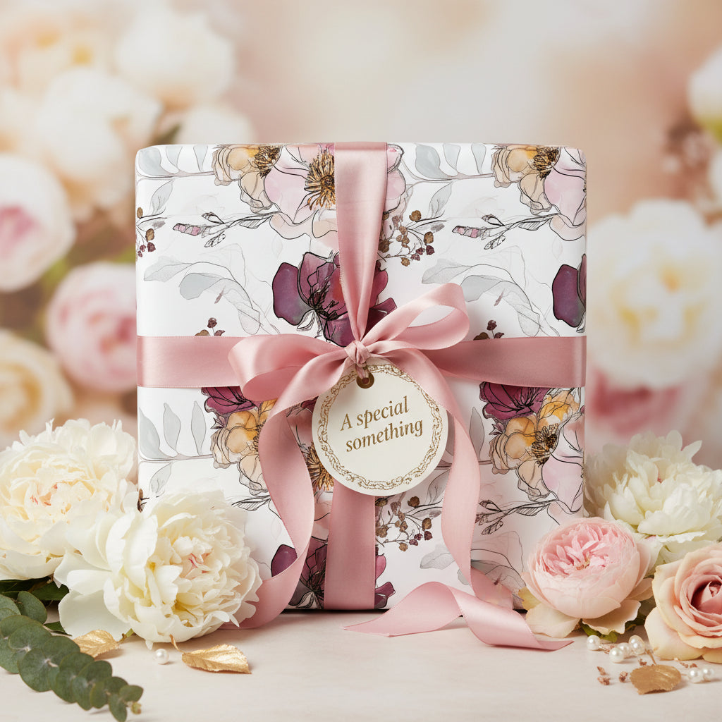 Elegant square gift wrapped in floral wrapping paper with a blush pink ribbon and a gift tag.