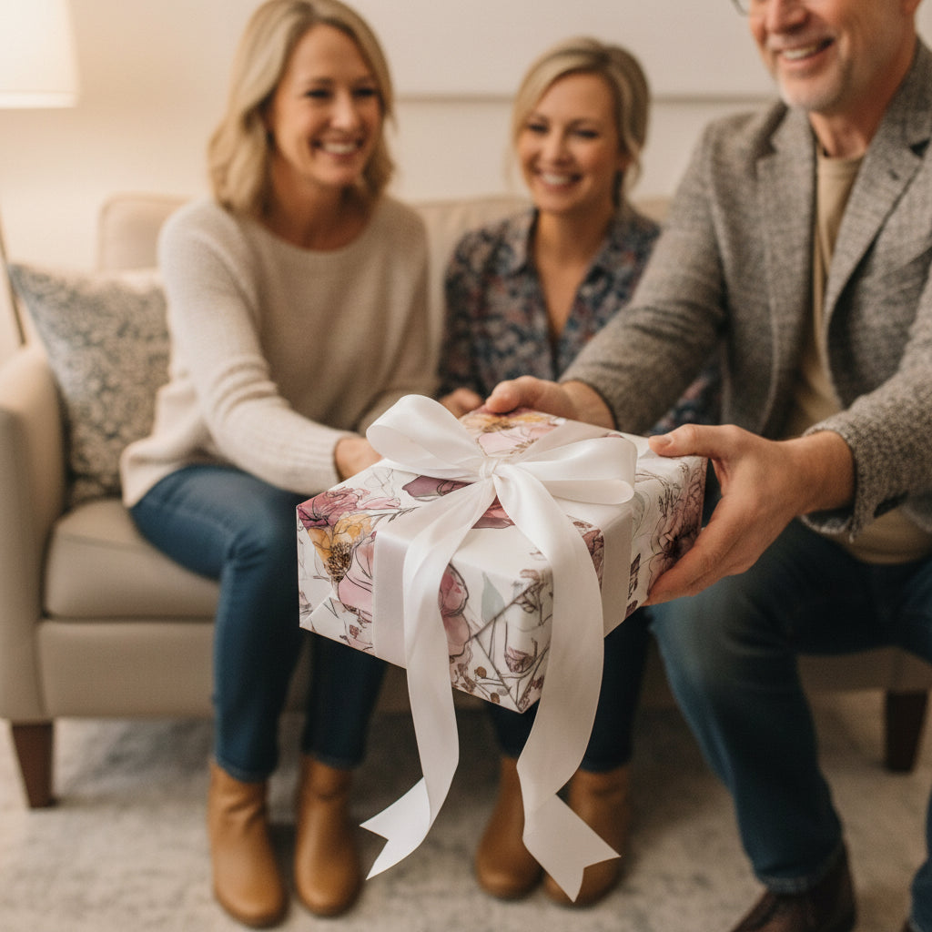 Man giving a gift wrapped in floral birthday wrapping paper with a white ribbon to smiling women.
