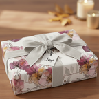 Elegant floral wrapping paper with a gray velvet ribbon and "Joy" tag, perfect for birthday or holiday gifts.