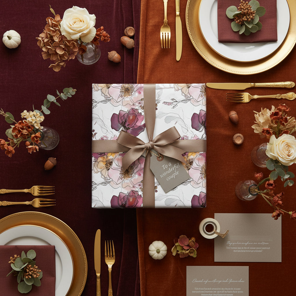 Elegant floral wrapping paper with a taupe ribbon, perfect for a wedding gift for a couple.