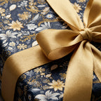 Navy floral wrapping paper with gold ribbon, Wrapped Studios.