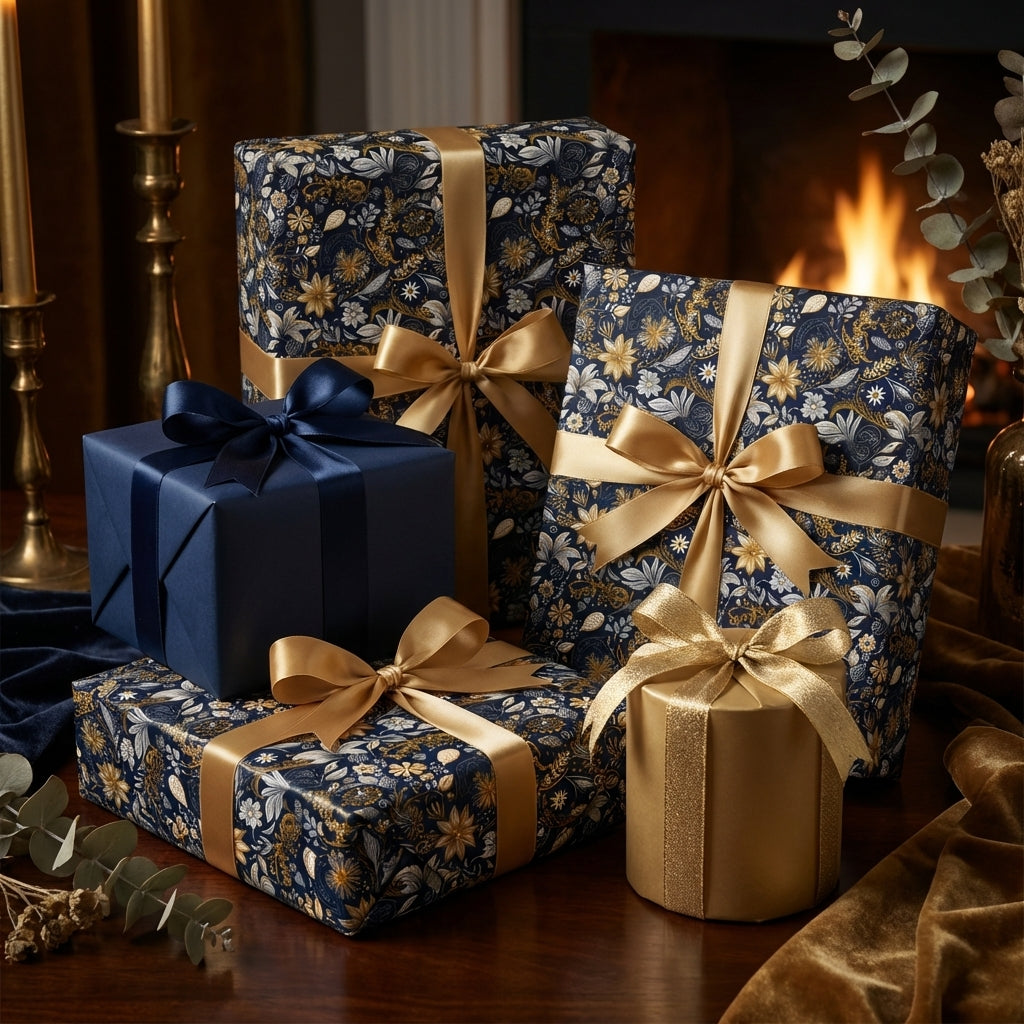 Elegant gifts wrapped in navy floral wrapping paper with gold ribbon bows. Wrapped Studios.